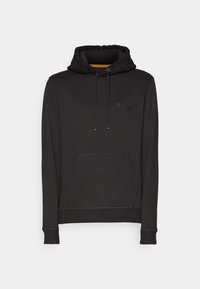 Sweat à capuche noir avec doublure texturée dans la capuche, poche kangourou avant, cordons et logo "BOSS" subtil sur la poitrine sur fond blanc.