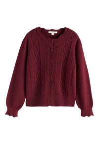 Bordeauxroter Strickcardigan mit rundem Ausschnitt, Knöpfen vorne und strukturierten Diamantmustern. Lange Ärmel mit gewellten Bündchen.
