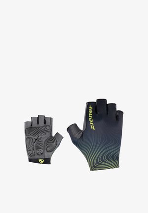 Paar fingerlose Fahrradhandschuhe, schwarz mit grünem Wellenmuster, gepolsterte graue Handfläche mit Griffstrukturen und sichtbaren Markenlogos.