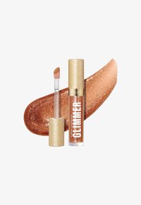 Revlon Super Lustrous Glimmer lipgloss i gennemsigtig tube; guldhætte med en shimmer finish; ledsaget af en glitrende bronze swatch.