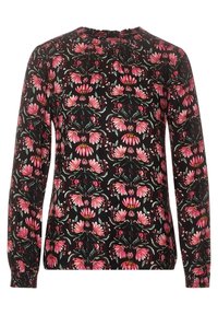 Blusa a maniche lunghe con sfondo nero, caratterizzata da un vivace motivo floreale rosa, scollatura arricciata e polsini elasticizzati.