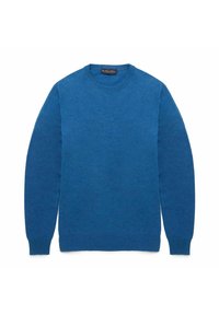 Blauwe wollen trui met een ronde hals, lange mouwen en een gladde textuur; heeft minimale details en een klassieke pasvorm.