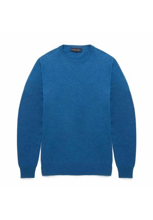 Blauwe wollen trui met een ronde hals, lange mouwen en een gladde textuur; heeft minimale details en een klassieke pasvorm.