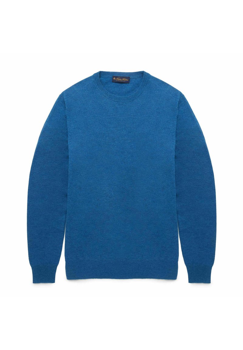 Blauwe wollen trui met een ronde hals, lange mouwen en een gladde textuur; heeft minimale details en een klassieke pasvorm.
