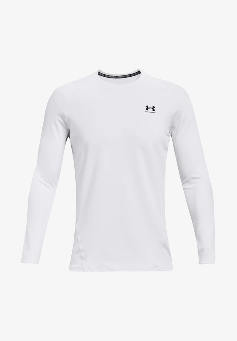 Long-sleeve athletic shirt in white fabric. Features a black Under Armour logo on the chest and a rounded neck with a contrasting collar.