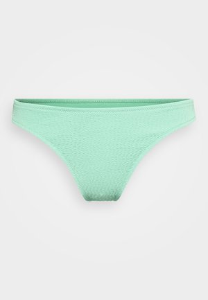 Bas de bikini vert menthe avec un motif texturé, une couverture minimale et des bretelles fines. Matériau doux et design sans couture.