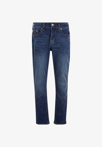 Pantalones vaqueros de mezclilla azul oscuro con un corte recto, diseño de cinco bolsillos y costuras en contraste. Presenta una cremallera en el vuelo y un cierre de botón metálico.