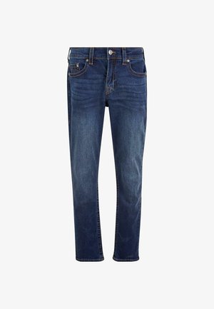 Tmavomodré denimové džínsy so strihom rovného nohavicu, päť vreciek a kontrastným prešívaním. Obsahujú zips a kovové zapínanie na gombík.