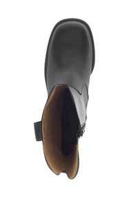 Black leather ankle boot with rounded square toe, side zipper, pull tab, and tan interior lining, viewed from above.