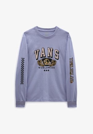 Langærmet Vans-trøje i lavendel med teksten "VANS" og "WORLDWIDE", et fredstegn med blomster, skakternet mønster på den ene ærme og teksten "OFF THE WALL" på den anden.