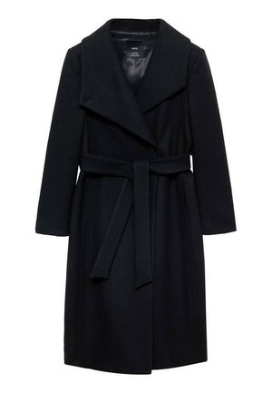 Manteau en mélange de laine noir avec un large col, des manches longues, une taille ceinturée et une silhouette droite. Texture lisse et détails minimalistes.