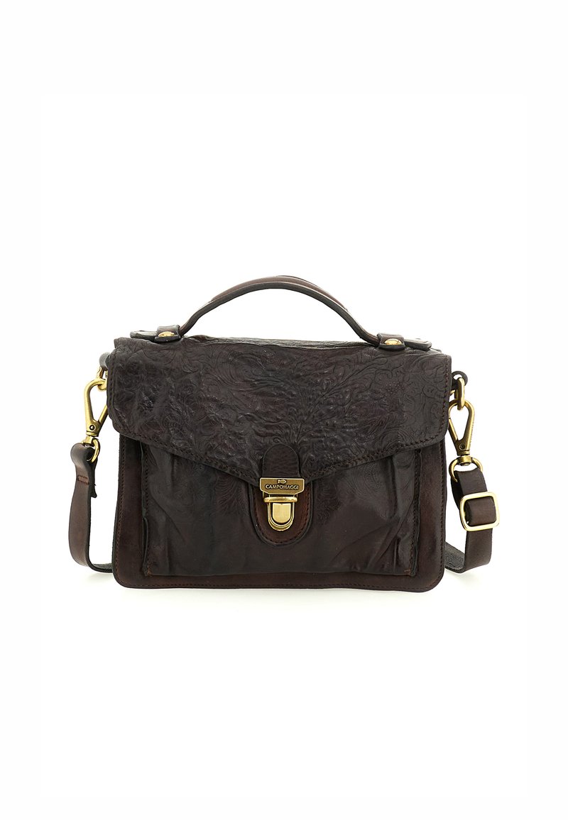 Borsa a tracolla in pelle marrone con motivo floreale impresso, manico superiore, tracolla regolabile e chiusura in metallo dorato. Forma compatta rettangolare.