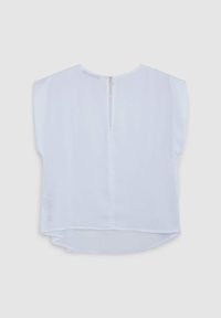 Blusa bianca a maniche corte realizzata in tessuto leggero. Presenta una cerniera sul retro e un orlo curvo per una silhouette rilassata.