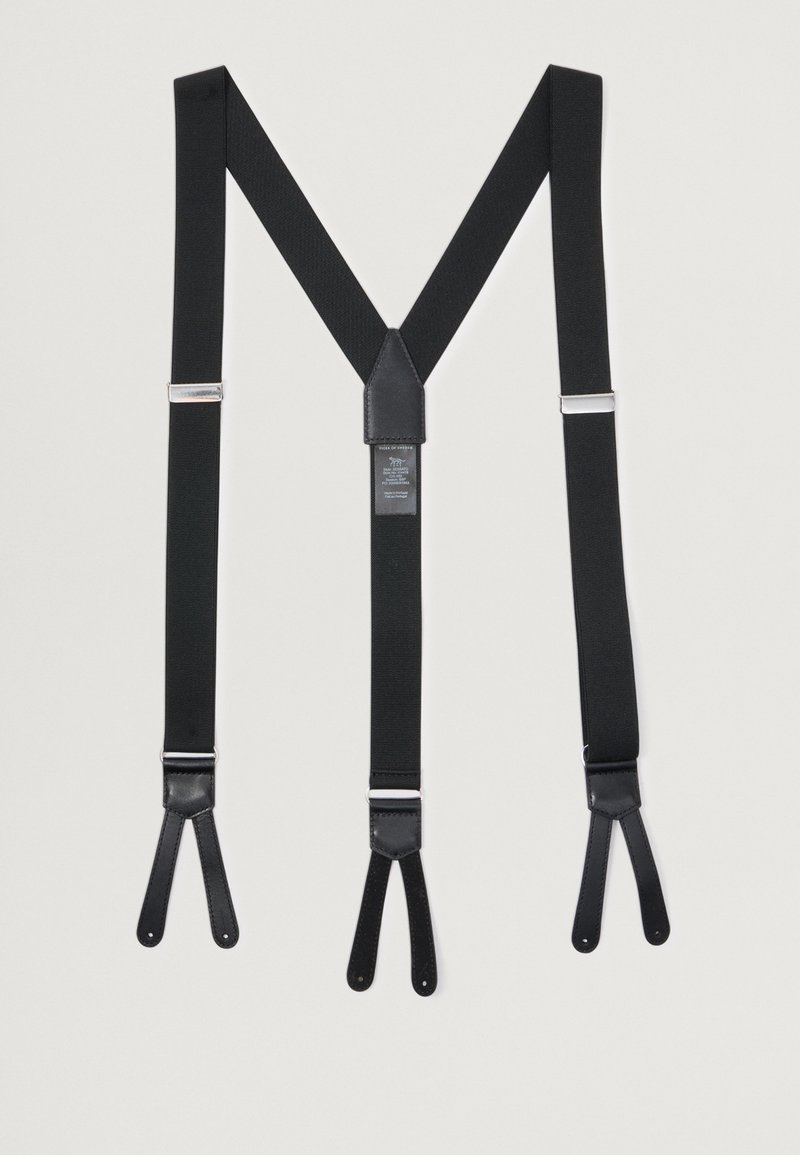 Μαύροι ελαστικοί στυλοί με σχέδιο Y, δερμάτινες λεπτομέρ�ειες στην ένωση και τα άκρα, με μεταλλικές αγκίστρες σε ασημί απόχρωση για στερέωση.