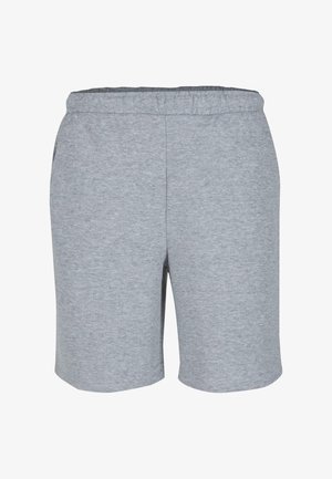 Pelēki kokvilnas šorti ar elastīgu jostasvietu, kas raksturo gluda tekstūra un taisns griezums. Nav redzamu rakstu vai akcentu.