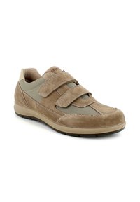 Scarpa in suede marrone e mesh con cinturini in Velcro, punta arrotondata e suola imbottita. Presenta un accento beige sul tallone.