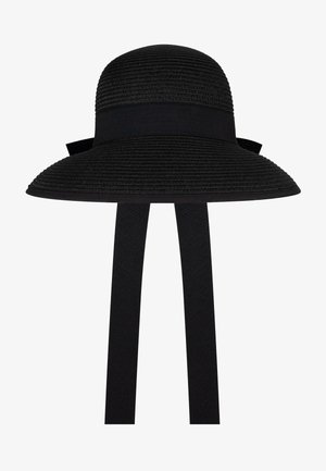 Schwarzer Sonnenhut aus gewebtem Material, mit breiter Krempe, gewölbter Form, strukturierter Oberfläche und zwei langen Bändern zum sicheren Befestigen.