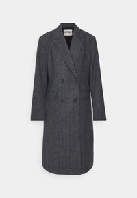 Grijze wolmix dubbele knoopjas met ingerande revers, twee voorzakken en gestructureerde stof, met een rechte snit en knielange ontwerp.