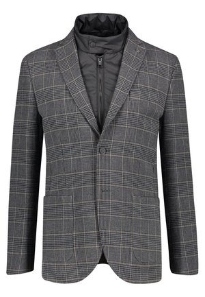 Herre gråternet blazer med en sort quiltet indvendig lag med lynlås og en krave med trykknapper på en hvid baggrund.