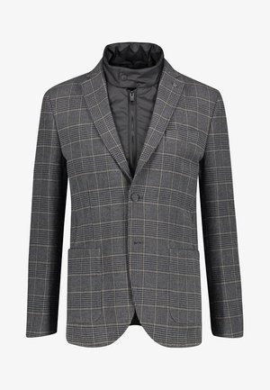 Grijze geruite herenblazer met een zwarte doorgestikte binnenlaag met ritssluiting en een kraag met drukknoop op een witte achtergrond.