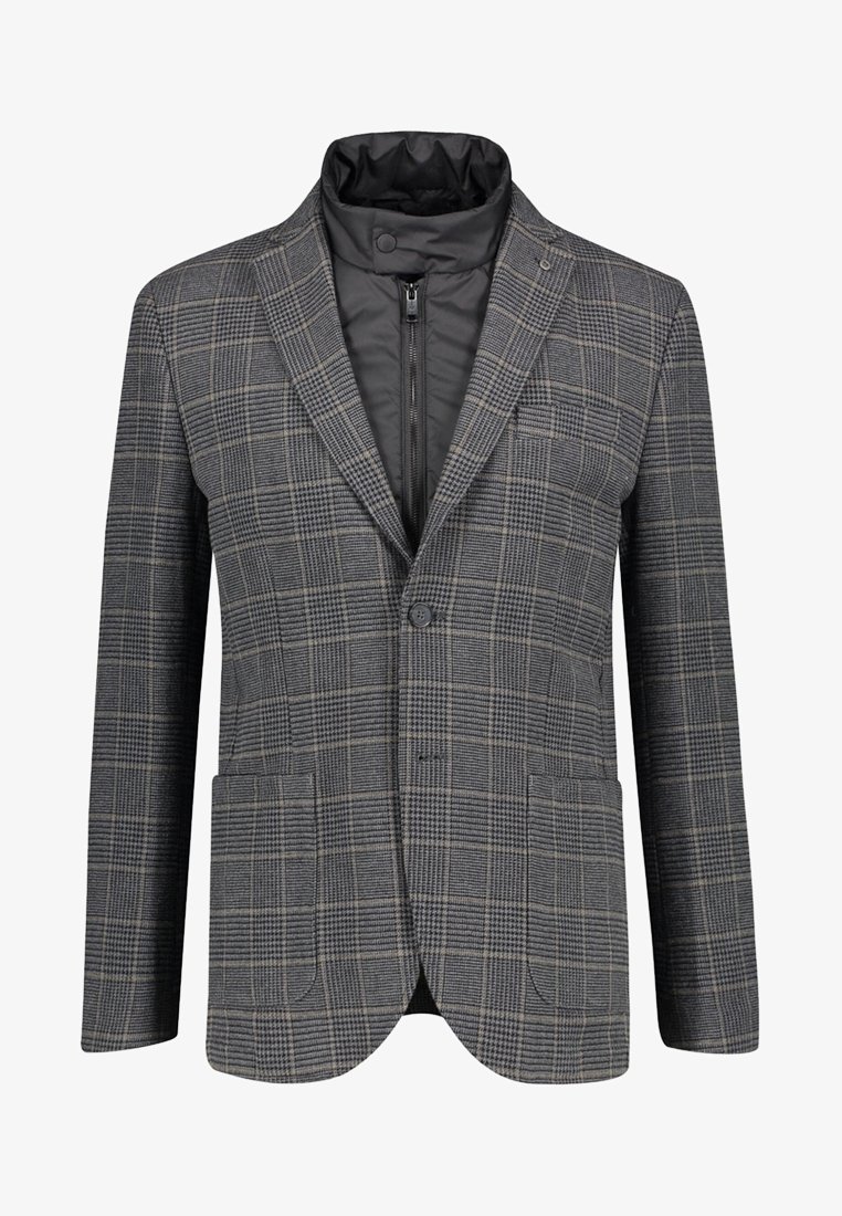 Szary męski blezer w kratę z czarną pikowaną warstwą wewnętrzną zapinaną na zamek oraz kołnierzem na zatrzaski na białym tle.