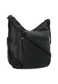 Borsa a spalla nera in pelle con superficie texture, tracolla regolabile e tasca con zip frontale dal design elegante e arrotondato.