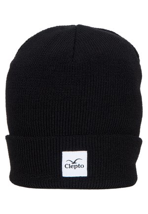 Black knit beanie with a folded cuff and a white label featuring the brand name "Clepato." Textured fabric provides warmth and comfort.