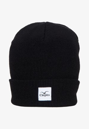 Black knit beanie with a folded cuff and a white label featuring the brand name "Clepato." Textured fabric provides warmth and comfort.