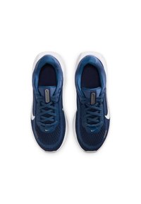 Par modrih tekaških čevljev Nike z belimi podplati in vezalkami, gledano od zgoraj na belem ozadju.