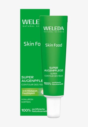 Weleda Skin Food Super Augenpflege oogcrème tube en doos in groen met tekst die anti-vermoeidheid, hydratatie, hyaluronzuur, cafeïne en natuurlijke cosmetica benadrukt.