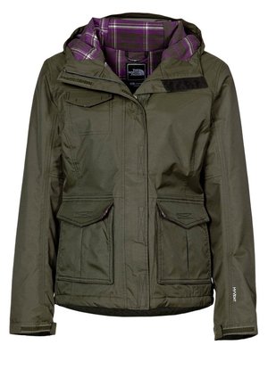 Olijfgroene outdoorjas met paarse geruite voering, ritssluiting aan de voorkant, klepzakken, capuchon en verstelbare manchetten, merk "The North Face".