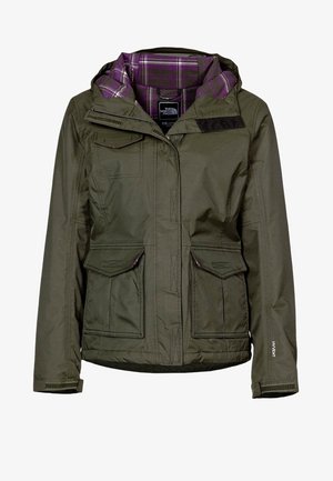 Veste d'extérieur vert olive avec doublure à carreaux violets, fermeture éclair frontale, poches à rabat, capuche et poignets réglables, de la marque "The North Face".