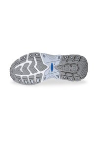 Sole di scarpa atletica grigia e bianca con gomma testurizzata, scanalature per la trazione e un dettaglio blu. Presenta un design del battistrada a motivo.