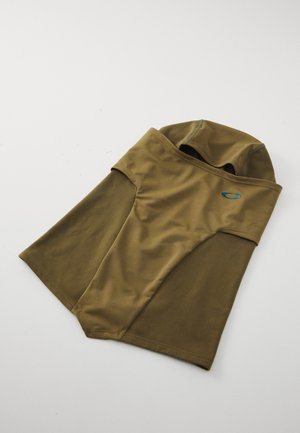Olive green athletic top made of smooth fabric, featuring a fitted design with a hood and short sleeves, accentuated by an emblem.