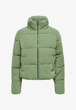 Grüne Cord-Puffjacke mit hohem Kragen, vorderem Reißverschluss, gestepptem Textur und langen Ärmeln. Auffälliges Rippmuster.