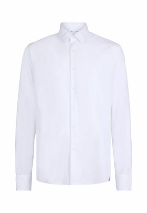 Witte langermige shirt van gladde stof, met een klassieke kraag, knoopsluiting en een licht gebogen zoom met een klein logotag.
