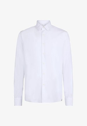 Fehér, hosszú ujjú ing sima anyagból, klasszikus gallérral, gombos záródással és enyhén ívelt szegéllyel, kisebb logócímkével.