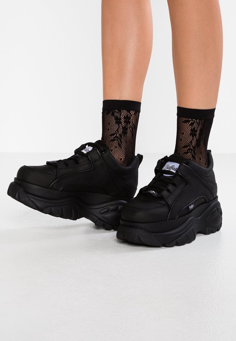 Jambes portant des baskets noires à plateforme épaisse associées à des socquettes en mesh noir à motif floral sur un sol blanc.