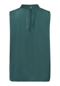 Bezgili mėlynos spalvos palaidinės su aukštu apykaklės kraštu, mygtukų uždarymu nugaros pusėje ir minkšta, lygi tekstūra. Pasižymi surinkta detalizacija prie kaklo.