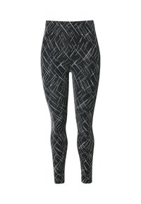 Czarne legginsy z teksturowanym geometrycznym wzorem w odcieniach szarości i srebra. Posiadają dopasowany krój oraz wysoki stan, wykonane z elastycznego materiału.