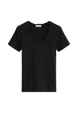 Black short-sleeve cotton T-shirt with a scoop neck and visible brand label inside the collar.