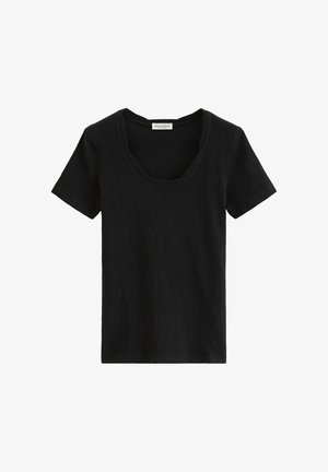 Black short-sleeve cotton T-shirt with a scoop neck and visible brand label inside the collar.