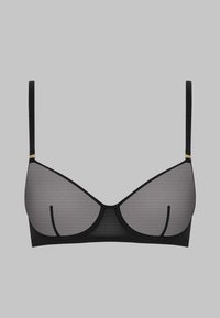 Soutien-gorge noir en tissu transparent gris, avec des bonnets triangulaires et des bretelles ajustables. Equipé de ferrures dorées pour l'attache des bretelles. Design simple.