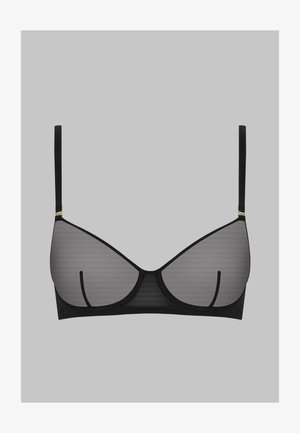 Schwarzer BH aus durchscheinendem grauen Stoff, mit dreieckigen Cups und verstellbaren Trägern. Hat goldene Beschläge für die Trägerbefestigung. Schlichtes Design.