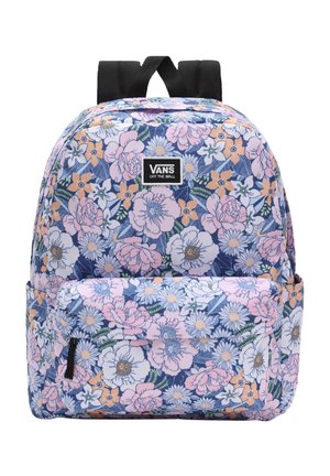 Rugzak met roze, witte en oranje bloemenpatroon op een blauwe achtergrond, zwarte bandjes, voorvak met rits en Vans "Off The Wall" logo patch.