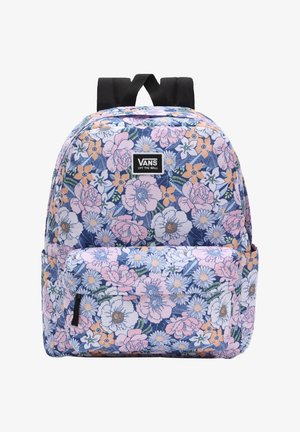 Rygsæk med rosa, hvidt og orange blomstermønster på blå baggrund, sorte stropper, forreste lynlåslomme og Vans "Off The Wall" logo-patch.