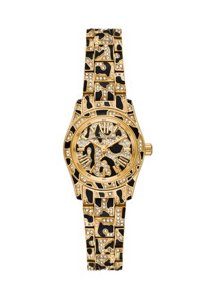 Gold- und schwarz gemusterte Armbanduhr mit Kristallakzenten, römischen Ziffern und einem Gliederarmband.