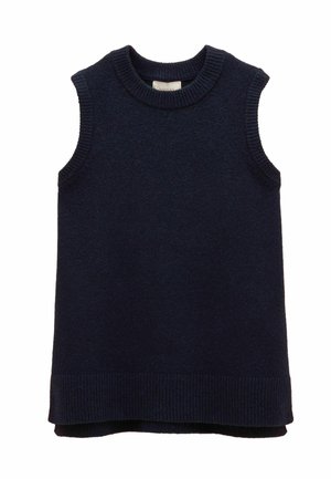 Navy sleeveless knit sweater with a round neckline, ribbed cuffs, and a straight hem, featuring a soft texture and layered effect at the bottom.
