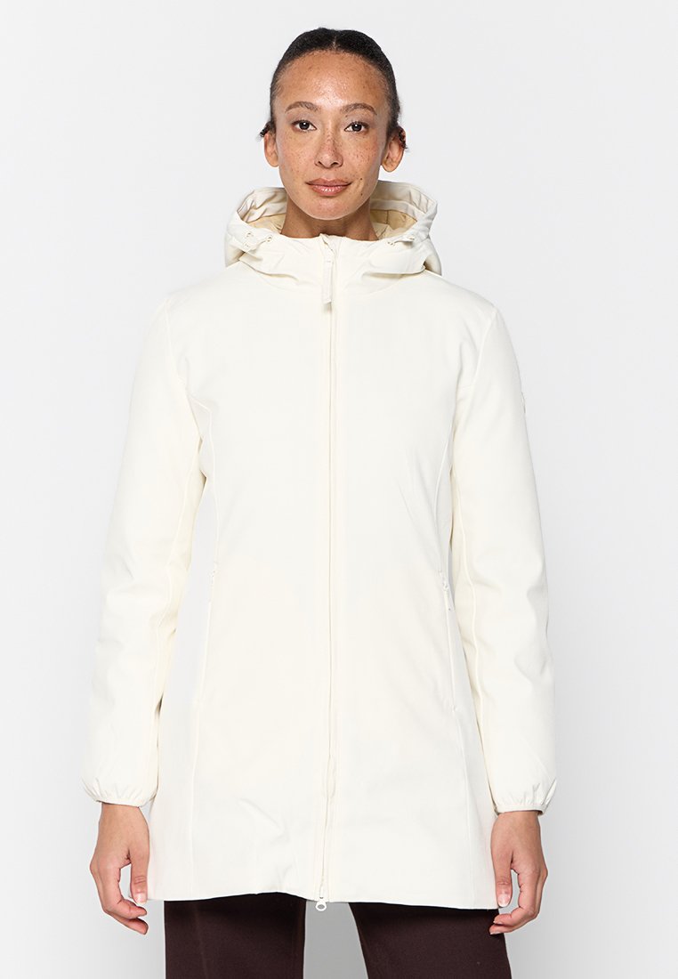 Giacca bianca con cappuccio, chiusura frontale con cerniera e polsini elasticizzati. Design elegante, texture morbida e due tasche laterali.
