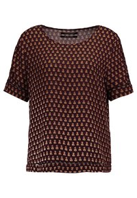 Kortärmad mörkbrun topp för kvinnor med små upprepande guld- och rödmönstrade blommor, rund halsringning och vikta ärmslut.